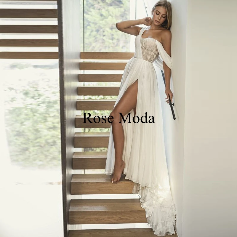 

Rose Moda Grecian One Shoulder Chiffon Boho Wedding Dress with High Slit Destination Bridal Gown