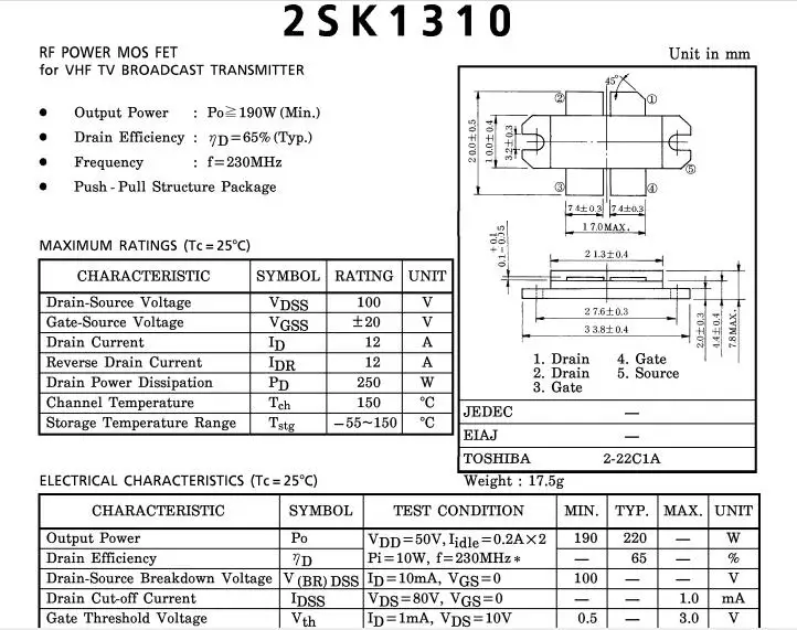 2SK1310 2S K1310 N канальный МОП-тип (RF POWER MOS FET для VHF TV трансмиттера) 1 шт./партия