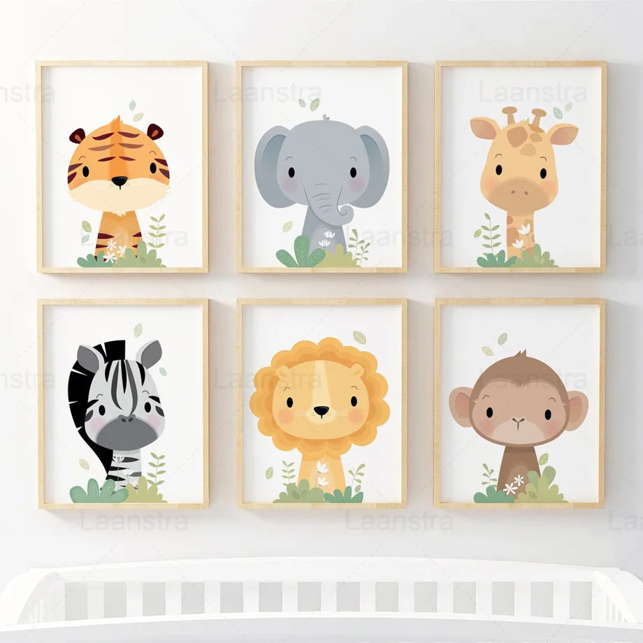 

Cute Animal Cartoon Canvas Painting Zebra Lion Children Room Decoration Painting Living Room Wall Decoration Kids Room Monkey
