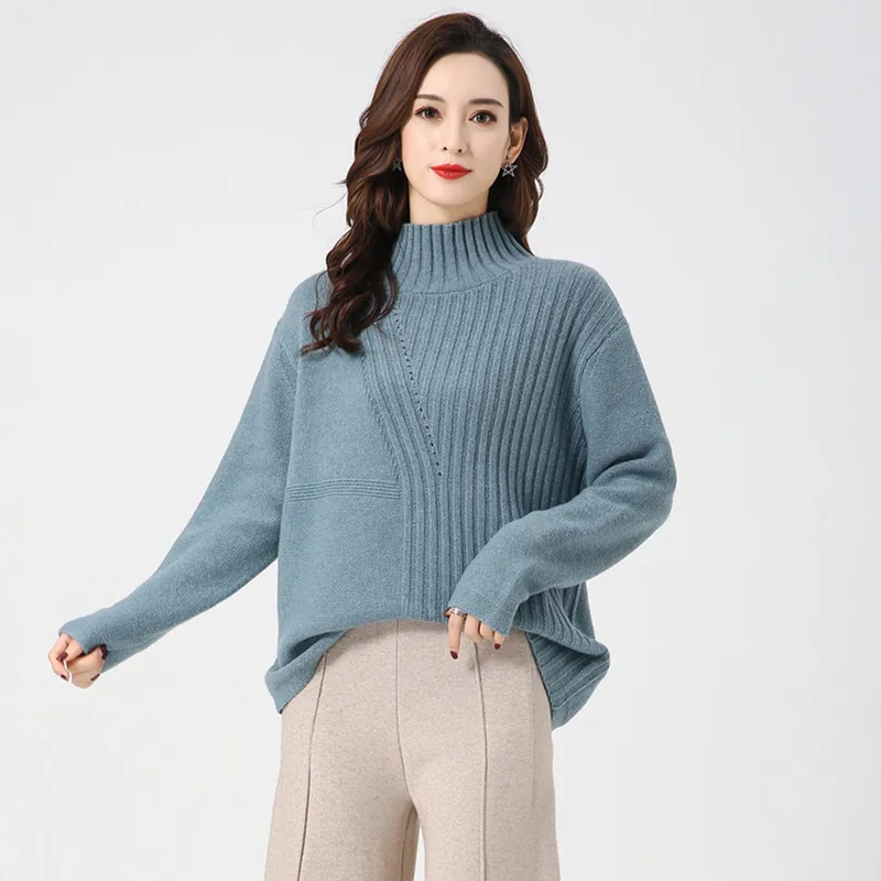 Smoky blue LHZSYY осенне-зимний женский свитер из чистого кашемира, модный утепленный свитер большого размера с высоким воротником, теплый джемпер - Цвет: Smoky blue