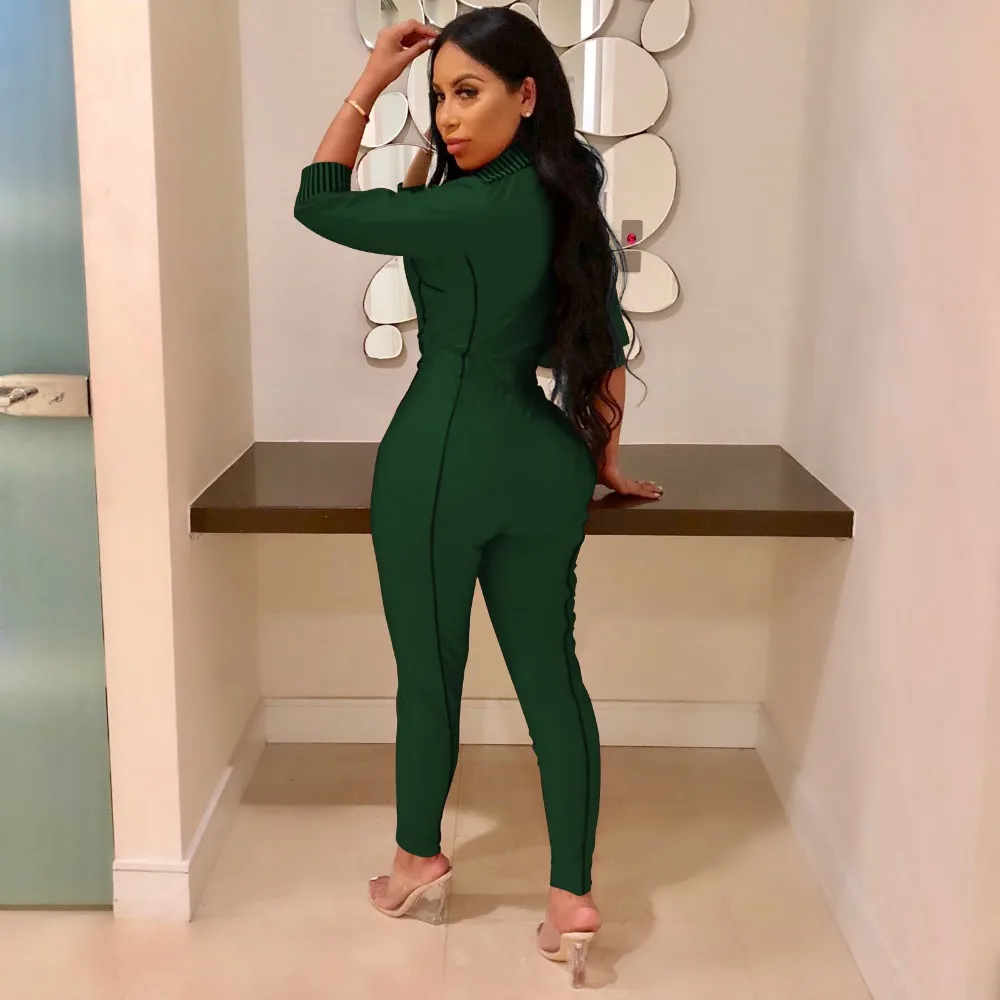 

Solid Plus Size Sexy Jumpsuit Women Deep V Neck Three Quarter Sleeve Sheath Bodysuit Autumn Front Zip Full Length Overall YM8277