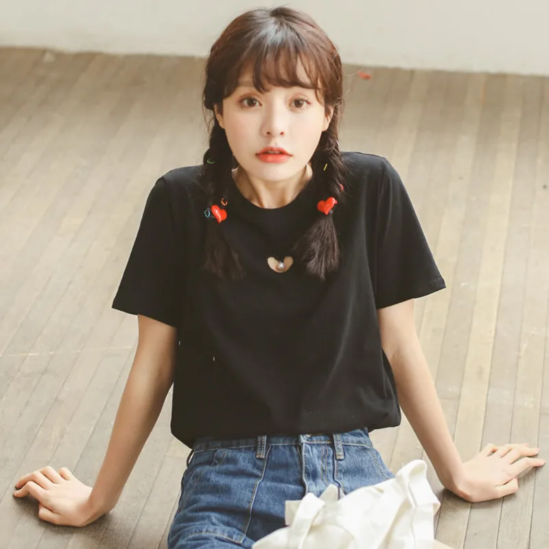 

2021 New Sweet Woman Cute Heart-shaped Hollow Out Short Sleeve T-shirt Women's Summer Casual Tees Tops Black Harajuku Tshirts