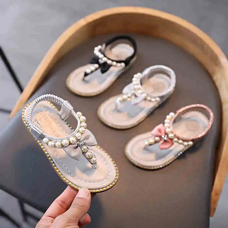 Kids beach shoes summer new girls Beading sandals Children baby bow princess sandals and slippers flip-flops 2021 shoes training