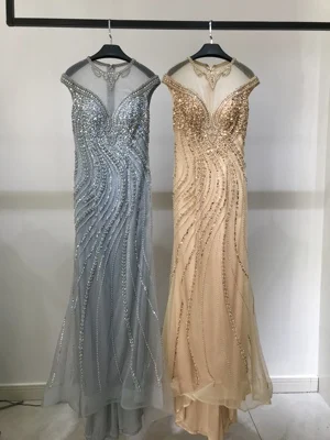 

2019 Fashion Gold Evening Dress Long Formal O Neckline Sequins Beaded Trumpet Ladies Party Dresses