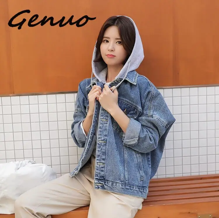 

Button Up Denim Jacket With Detachable Hooded Jean Plus Size Autumn Women Coat 2019 Fashion Streetwear Veste Femme