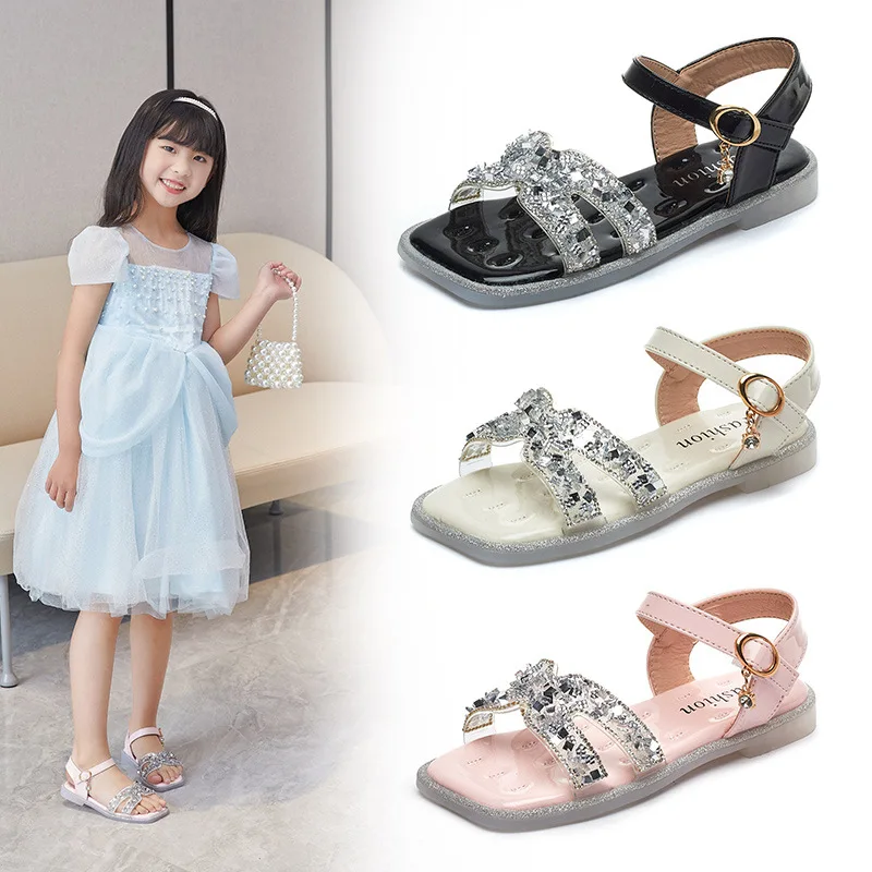 

2021 Summer Girls Sandals Children Sequins Princess Shoes Soft Bottom Non-slip Breathable Student Shoes Kids Beach Sandals