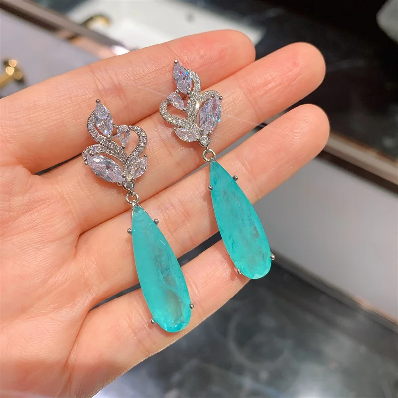 

Luxury Pear Shape Lab Diamond 10*30mm Emerald Paraiba Tourmaline Stone Drop Earrings Cocktial Party Jewelry Elegant Women Gift