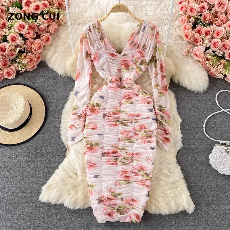 

Женское Сетчатое платье с длинным рукавом, винтажное вечернее платье с V-образным вырезом и цветочным принтом