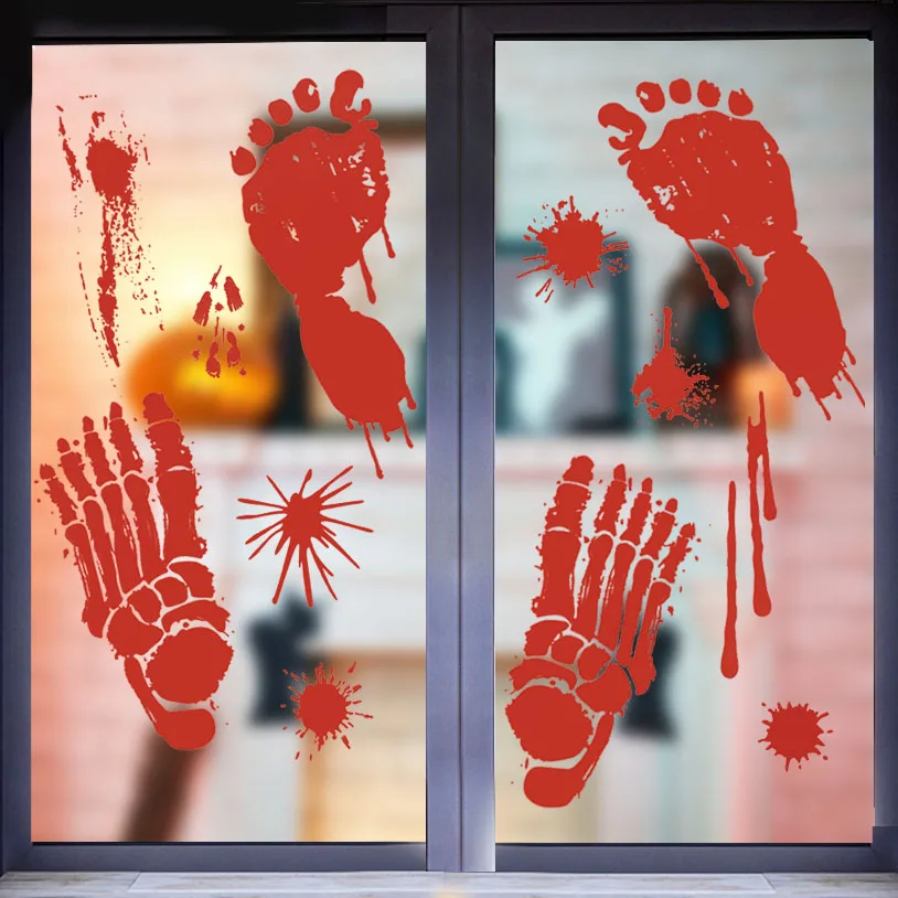 Ужас Кровавый отпечаток руки окна Наклейки на стены для празднования Хэллоуина