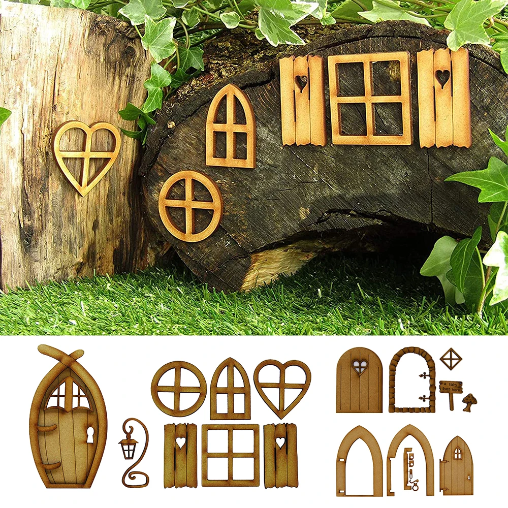 

3D Fairy Tale Door Kits Wooden Miniature Furniture Fairy Country House Door DIY Crafts Ornament for Indoor Outdoor Garden Yard