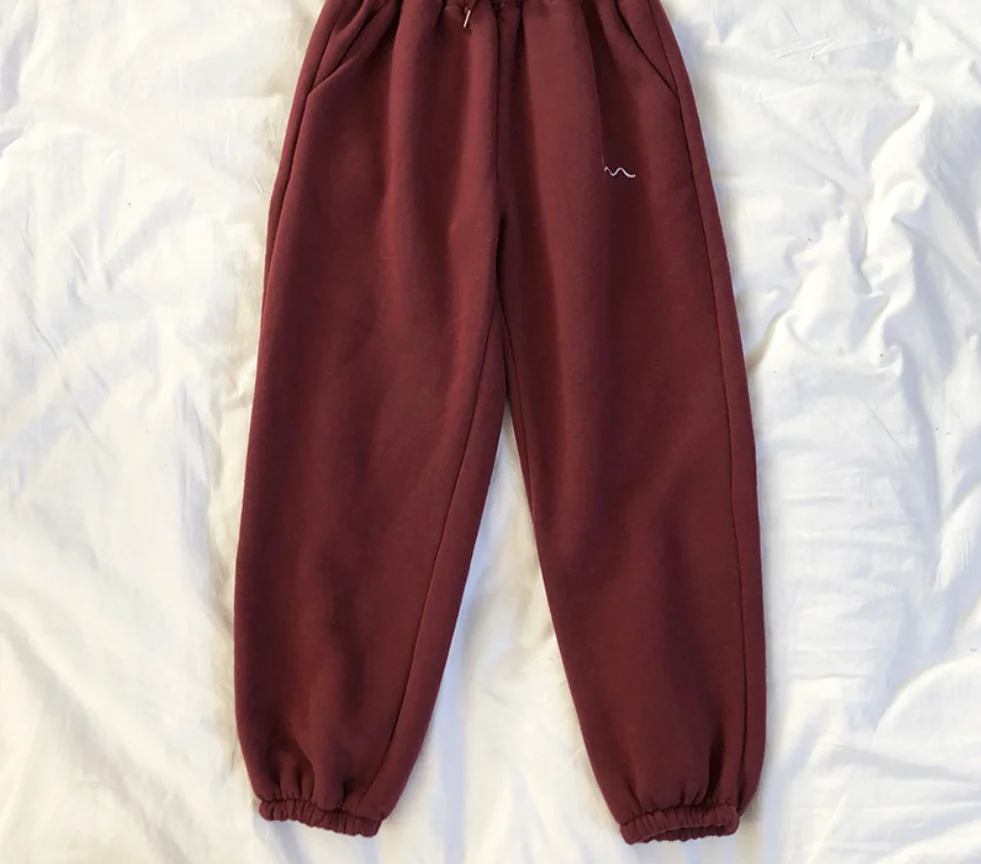 

Autumn Winter Comfortable Warm Fleece-lined Embroidered Casual Pants Female Elastic Waist Cotton Gray Trouser Loose Pant