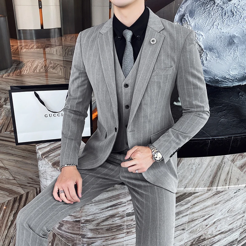 

( Jacket + Vest + Pants ) 2021Luxury Men Suit Fashion Striped Slim Male Business Casual Suit 3pcs Set Groom Wedding Dress Tuxedo