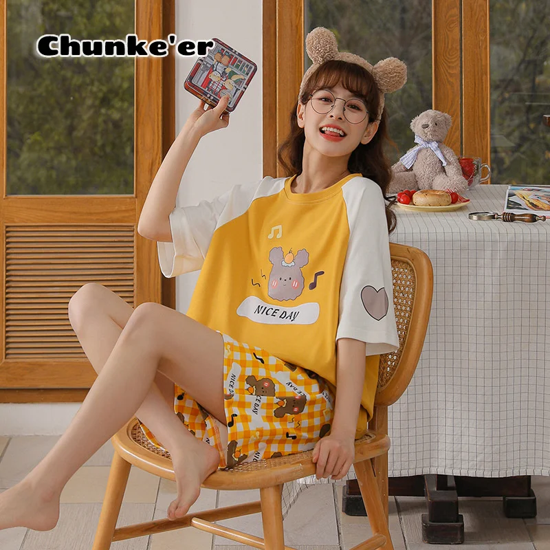 

Pajamas Women's Summer Short Sleeve Shorts Korean Cute Women's Cartoon Home Clothes Casual Wear Pure Cotton Suit Pajama Set