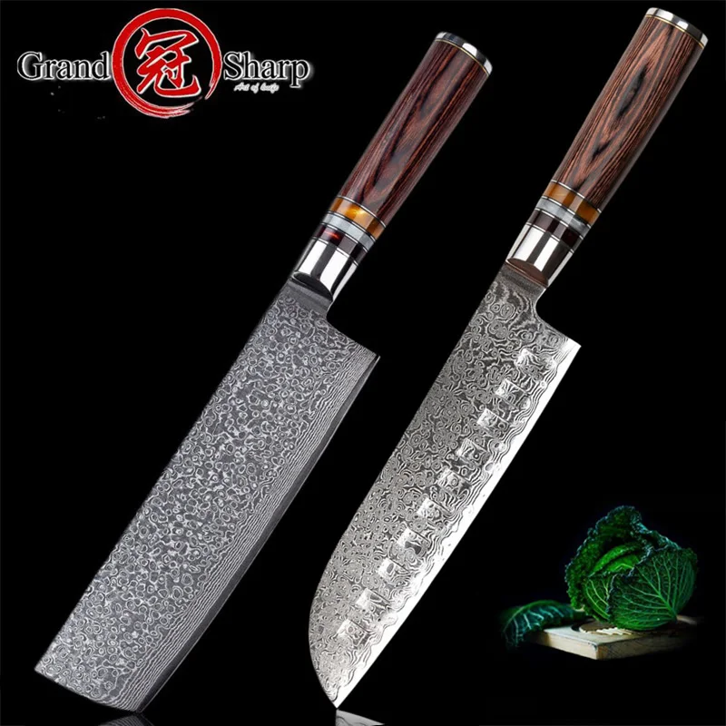 

Grandsharp 2 Pcs Damascus Kitchen Knives Set 7 Inch Chef's Damascus Knives Japanese Steel Santoku Nakiri Knife Cleaver Gift Box