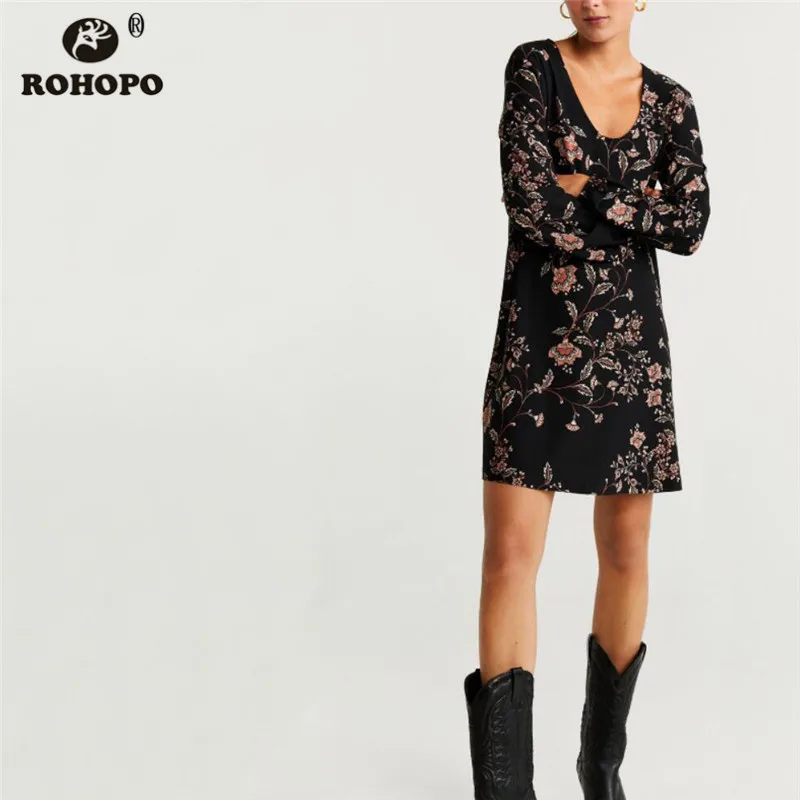 ROHOPO/Черное мини-платье с v-образным вырезом и бантом на спине Осеннее/зимнее