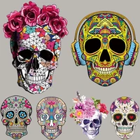 large sugar skull clothing thermoadhesive patches heat transfer personality themal stickers applique punk iron patches on clothe