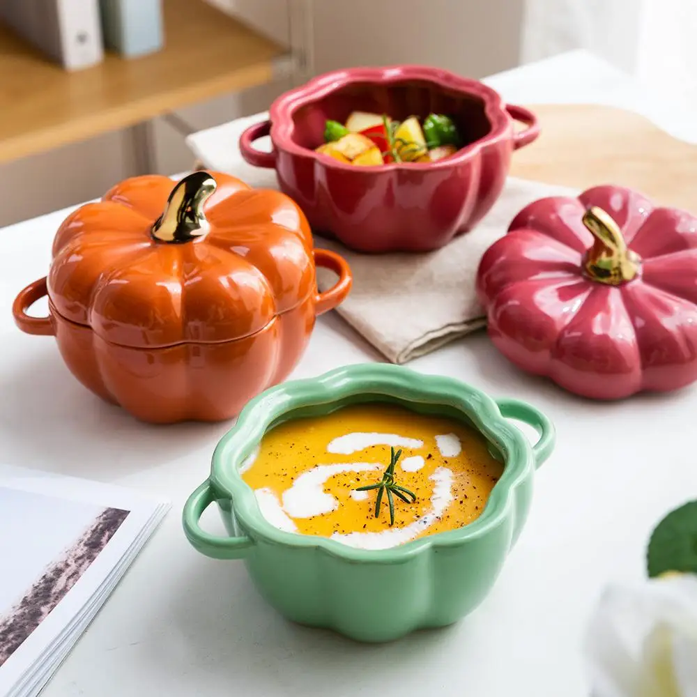

Creative Pumpkin Shape Baking Bowl With Lid Glaze Gold Ceramic Dessert Salad Cup Oven Home Kitchen Cooking Tableware