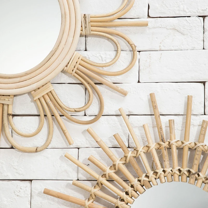 

Nordic Home Furnishing Rattan Decorative Mirror Wall Round Art Decoration Wall-Mounted Makeup Mirror
