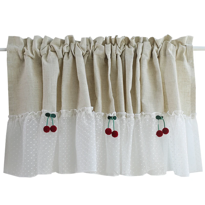 

1 PCS Rod Pocket Cherry Lace Tulle Half Short Curtain Living Room Beige Linen Curtains Kitchen Cabinet Cafe Decoration Drapes 35