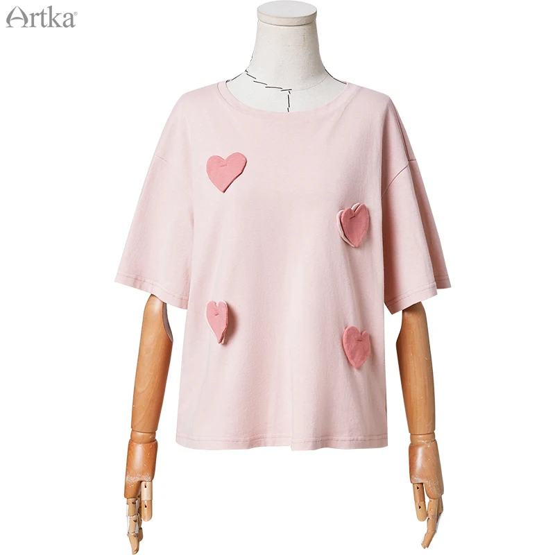 Женская футболка с круглым вырезом ARTKA розовая свободная укороченная коротким