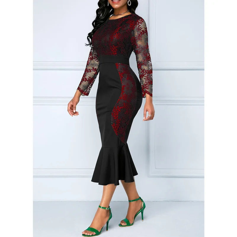 

2020 Elegant Vintage Lace Patchwork Slim Office Bodycon Dresses