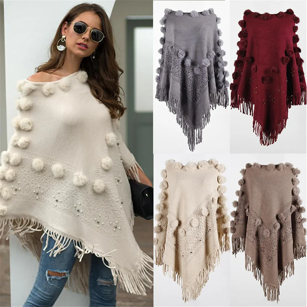 

Round Neck Hairball Cape Poncho Sweaters Women Winter Knitted Tassel Solid Capes Shawl Coat Ponchos Elegantes Autumn Cloak Shawl