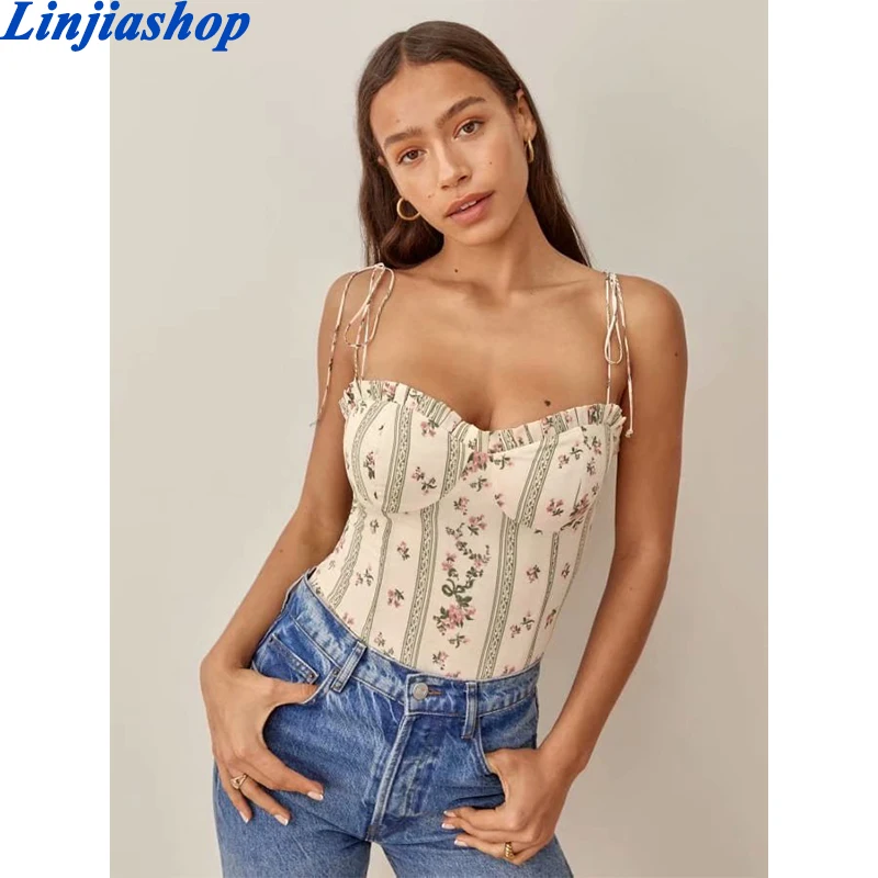 

2021 French Summer Striped Flower Print Bandage Spaghetti Strap Retro Sexy Women Lacing Up Sling Top Vestido