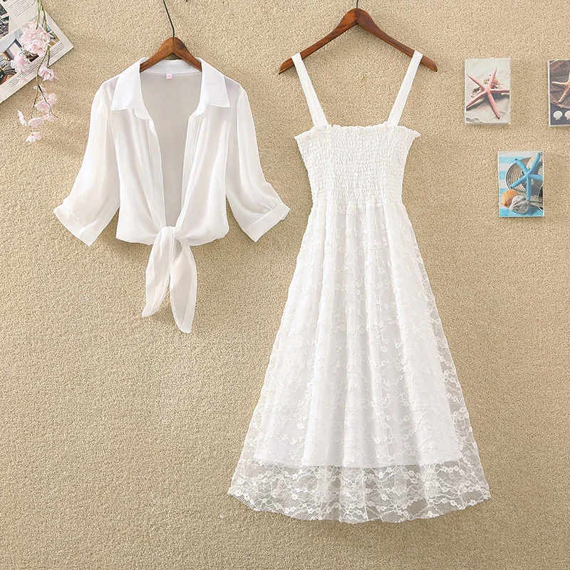 

Fashion Two Pieces Sets Women Lantern Sleeve Turn Down Chiffon Shirt Top +Long A Line Spaghetti Strap Ruched Lace Dress Sets New