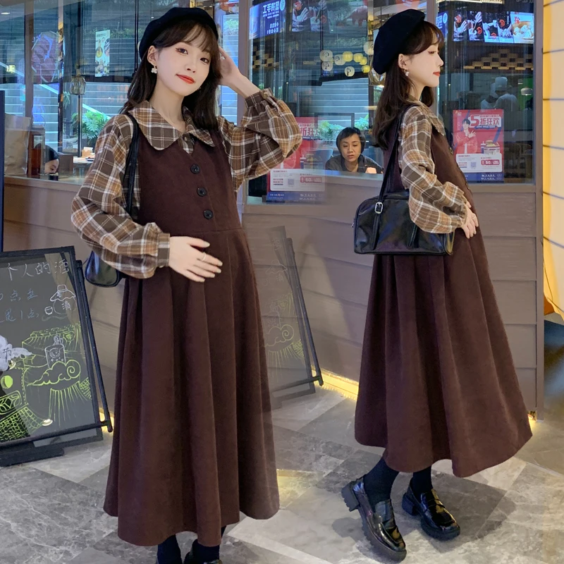 Autumn Winter Korean Fashion Maternity Party Long Dress Sets Elegant A Line Clothes for Pregnant Women Lovely Pregnancy Blouse