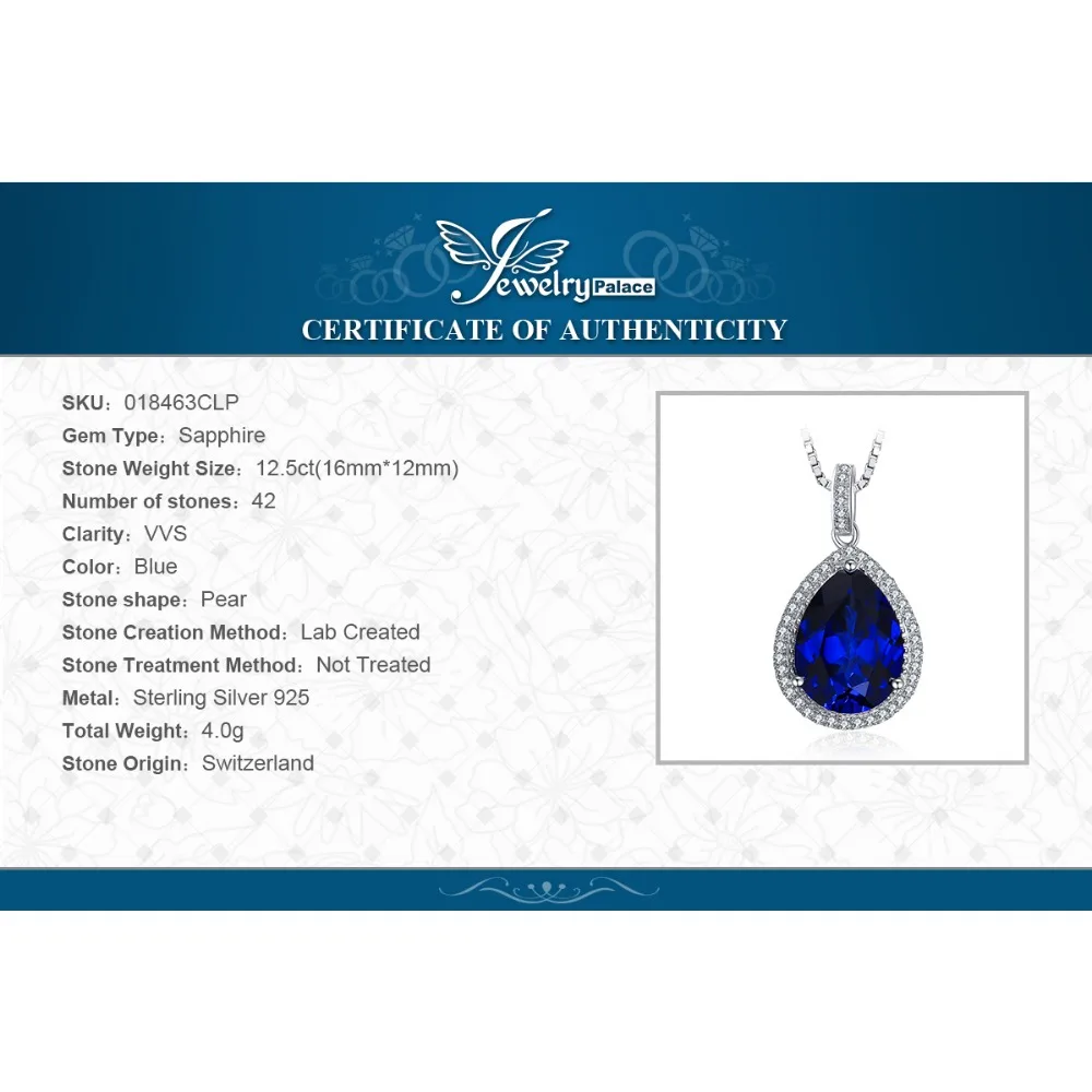 JewelryPalace 12ct  Huge Created Blue Sapphire 925 Sterling Silver Pendant Necklace for Women Gemstone Choker Without Chain images - 6