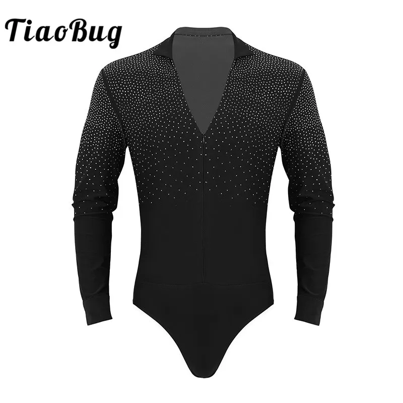 TiaoBug Shiny Rhinestones V-neck Stand Collar Long Sleeve Ballroom ...