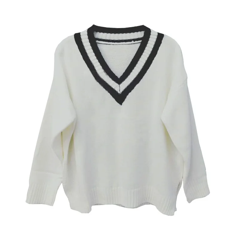 Женский трикотажный свитер с V-образным вырезом белый полосатый пуловер в стиле