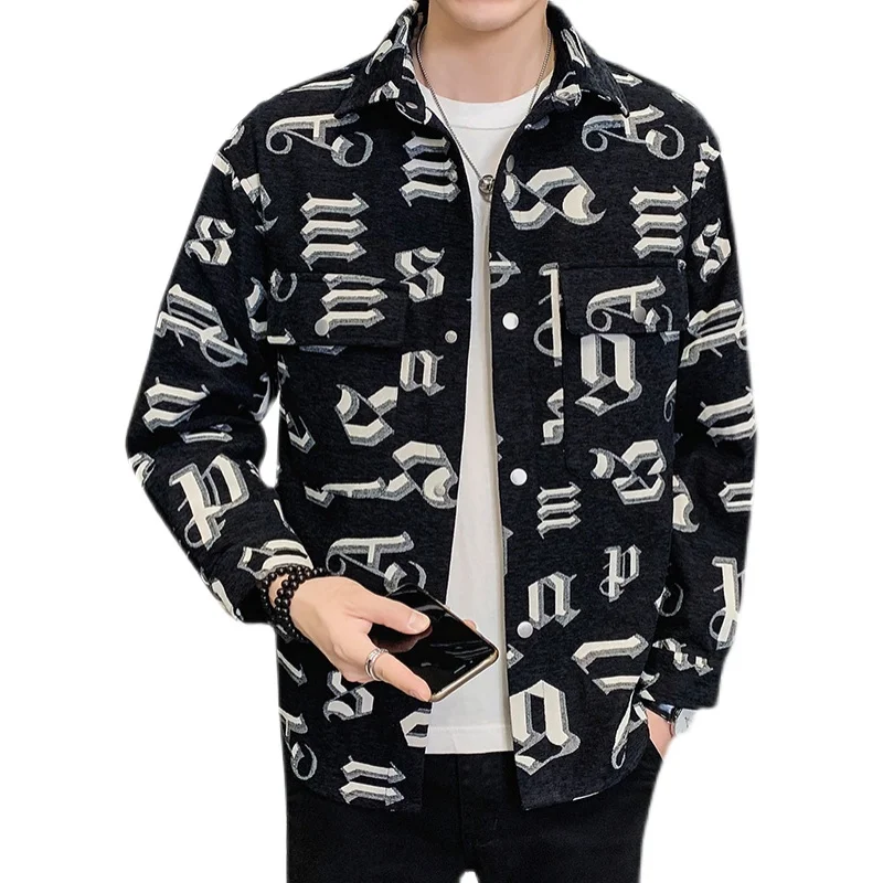 

2021Woolen material thick men's casual shirt jacket all-match classic pattern fashion printed top