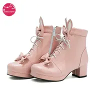 Girl Women Lolita Boots Lady Vintage Ankle Bootie High Heels Pumps Platform Shoes Sweet Bow Rabbit Ears Side Zip Plus Size 34-48