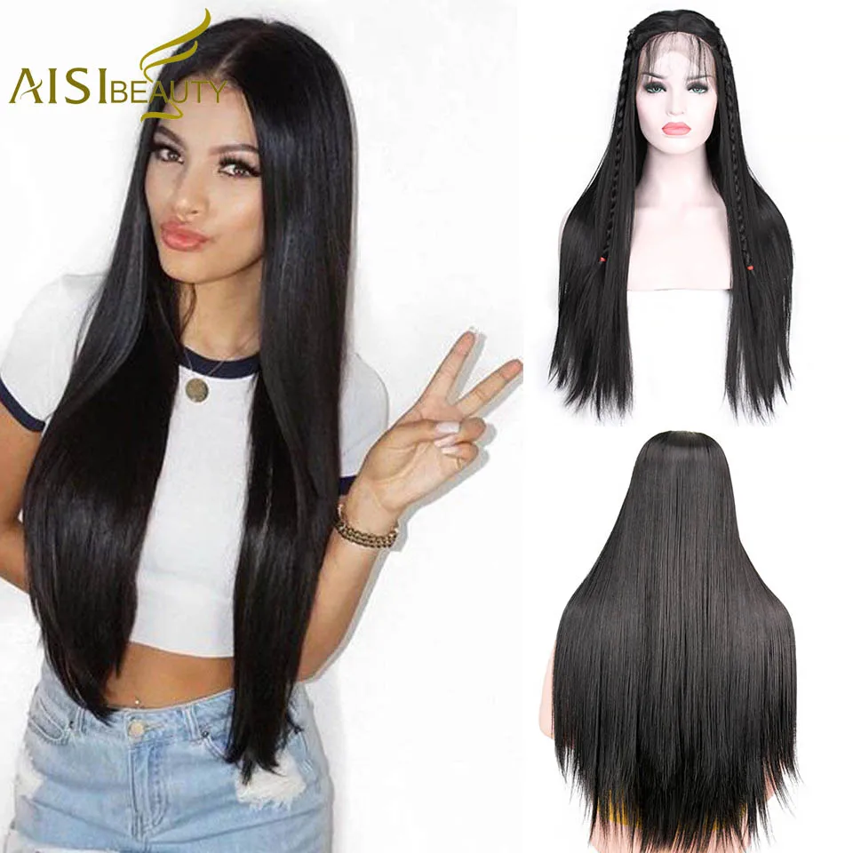 AISI BEAUTY 26 дюймов длинный прямой черный парик с кружевом спереди синтетические парики для женщин с детскими волосами розовые высокостойкие волокна
