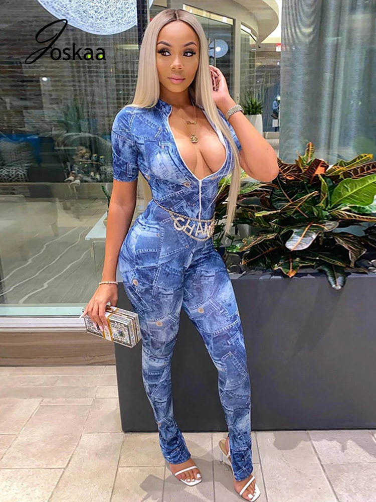 

Joskaa Young Girl Denim Print Fall Bodycon Jumpsuits Zipper Up Short Sleeve Skinny Flare Hem Elastic One Piece Rompers Bodysuits