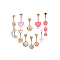 10pcs fashion zircon flower heart moon dangle belly rings set for women body piecing jewelry