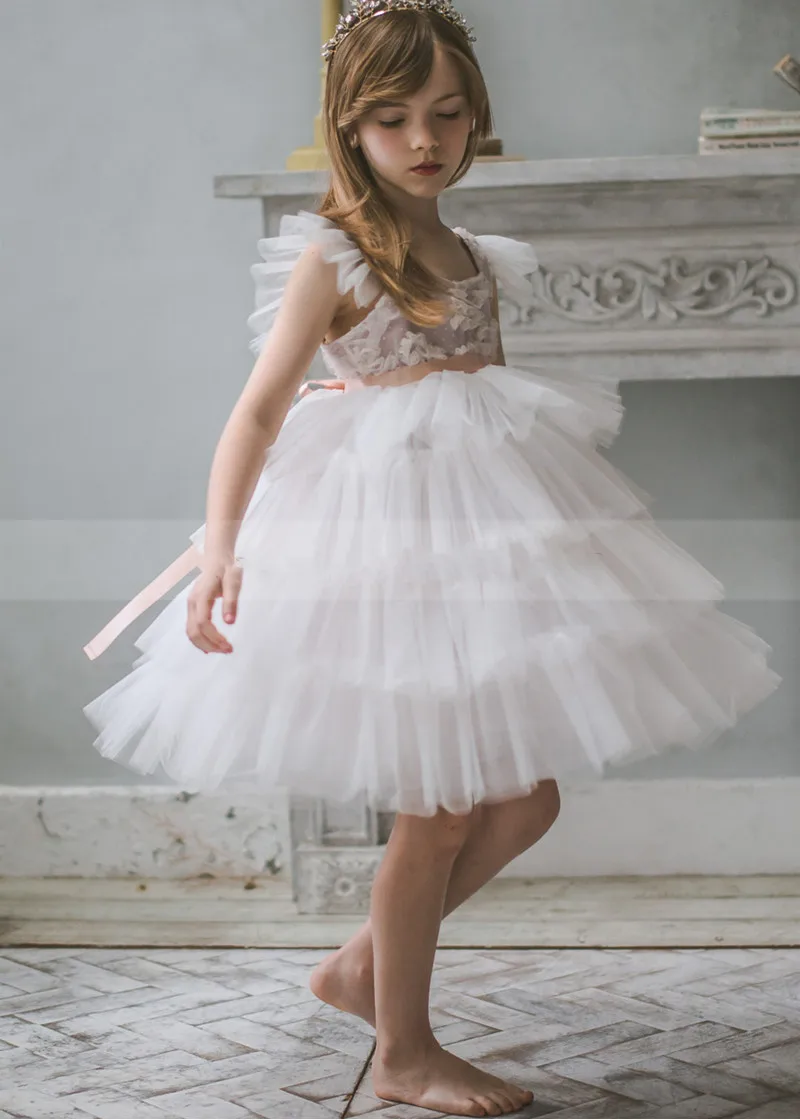 

Handmade A Line Chic Ivory Floral Lace Flower Girl Dress for Wedding Knee Length Birthday Dress Party Gowns
