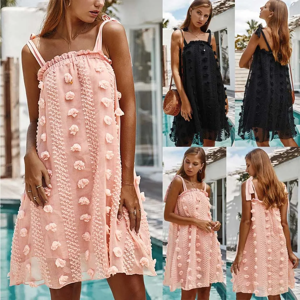 Женское пляжное платье на бретельках Черное и розовое повседневное свободное из