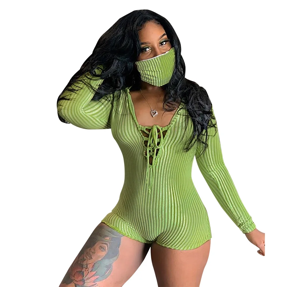 

Women Solid Striped Bodycon Jumpsuits 2020 Autumn Newest Casual Female's Hooded Full Sleeve Lace-Up Hollow Out Short Rompers