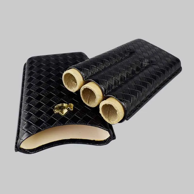 

COHIBA Black Portable Cigars Case 3 Tube Stitching Leather Cigar Case Cigarette Holder Travel Humidor Box