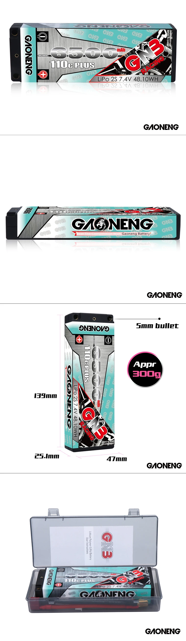 Gaoneng GNB 6500mAh 110C 2S 7,4 V PLUS перезаряжаемая Lipo батарея XT60/T штепсельная вилка T для 1:10 RC автомобиля лодки