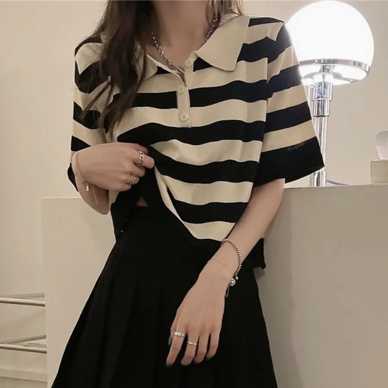 

Design Sense Korean Style Chic Top Summer Women's Clothing 2021 Trendy Short Striped Short Sleeve Knitted T-shirt