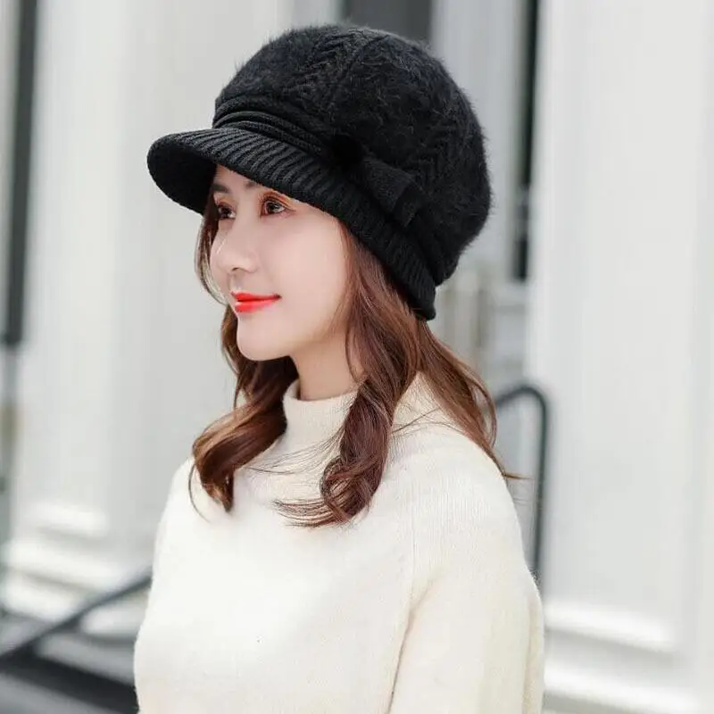 Женская Вязаная Шерстяная Шапка теплая однотонная шерстяная шапка с бантиком