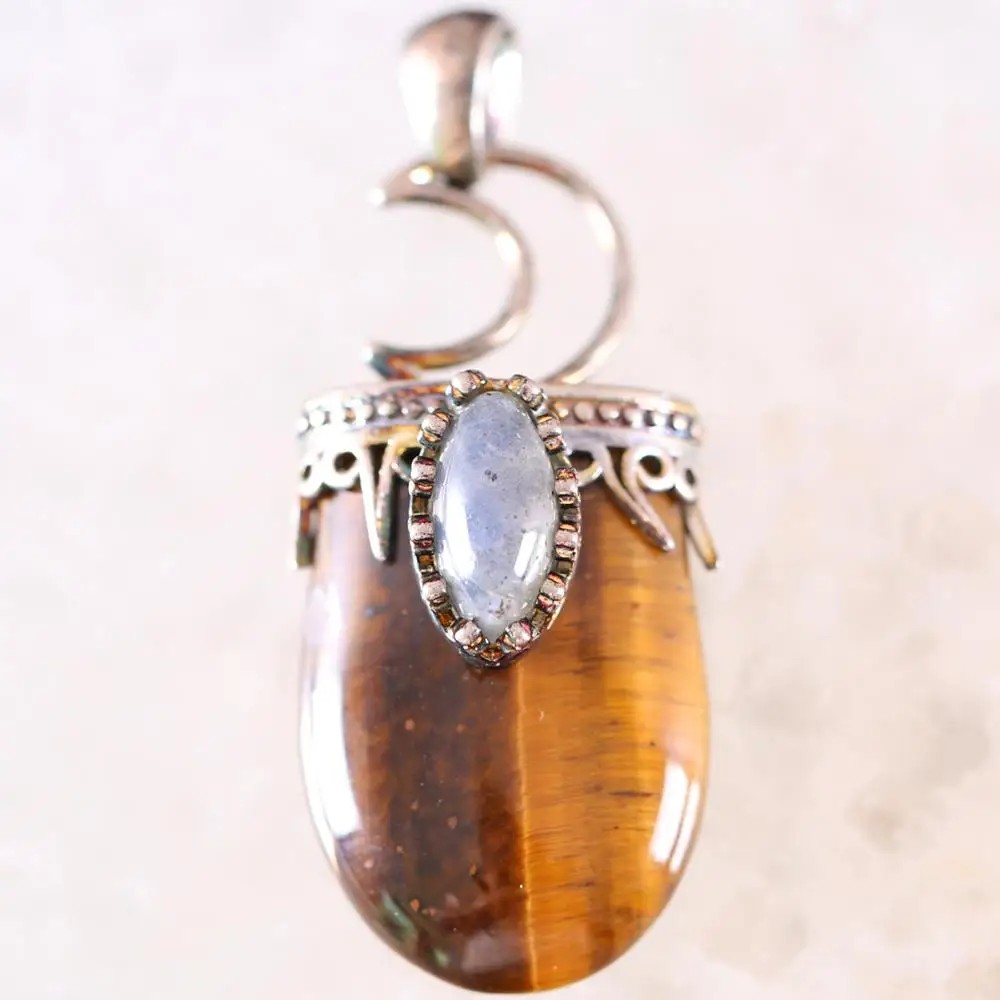 Gold Tiger Eye Ожерелье с подвеской из натурального камня, бусина из Лабрадорита, оникса, кристалла, Лапис, Антикварная Серебряная корона, полумесяц, для женщин, изготовление ювелирных изделий, 1 шт - Окраска металла: Gold Tiger Eye