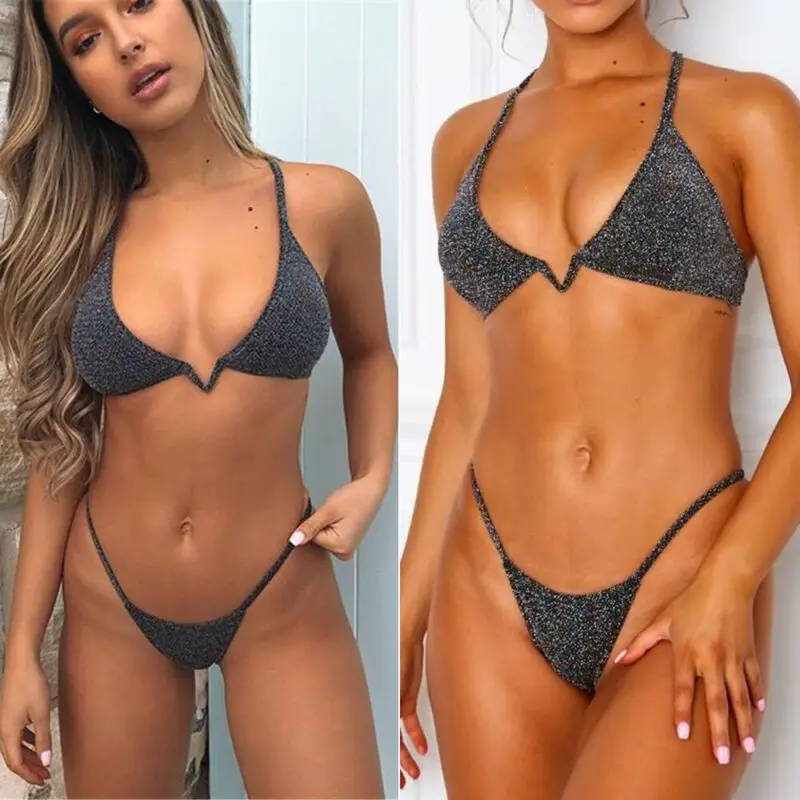 Сексуальный женский бандажный комплект бикини с блестками купальник-монокини