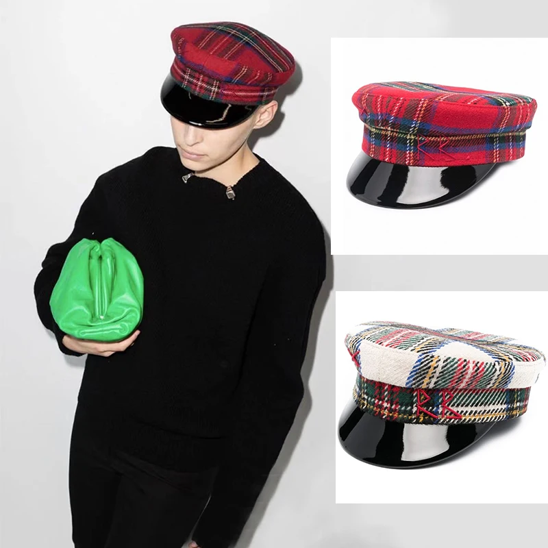 

New Autumn Winter Wool Caps Women Plaid Newsboy Caps Patchwork Letter Flat Caps XS-L