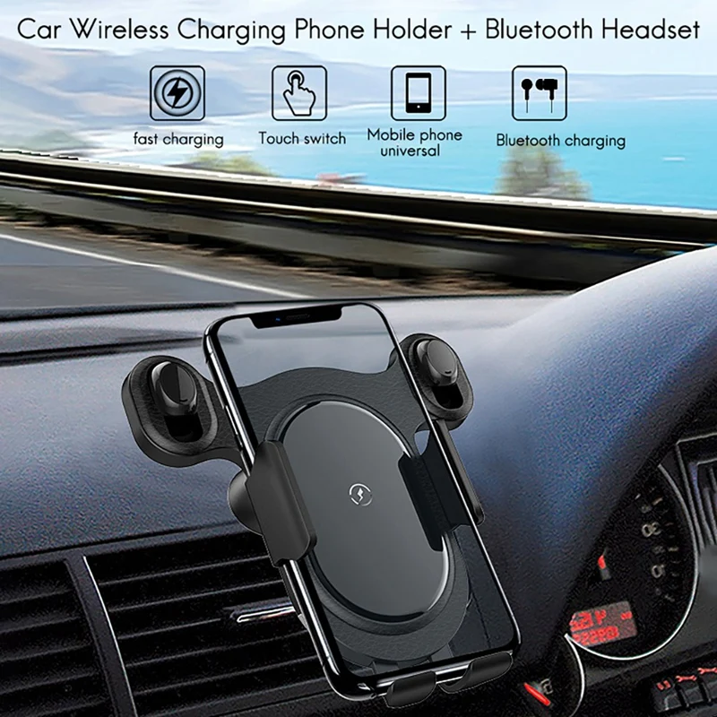 

Automatic Clamping 10W Fast Car Wireless Charger Phone Holder Mount with Bluetooth Headset for iPhone 12 11 Pro XS XR 8