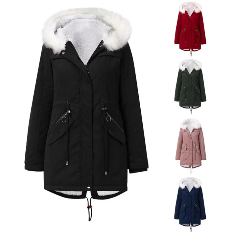 

2022 Winter Women Cotton Coat White Fur Collar Coat Mid-length Hooded Winter Warm Velvet Women Cotton Coat Down Jacket