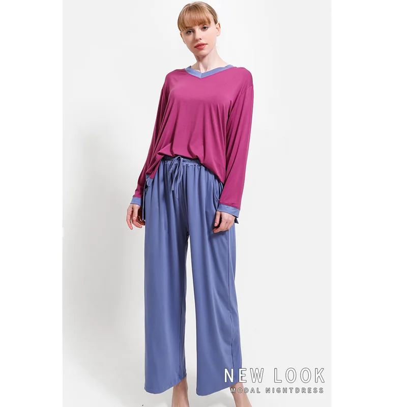 

Vintage Style Modal Pajamas Set Long Sleeve Shirt Pants 2Piece/Set Sexy V-Neck Casual Mom Big Size Pajamas Set Mom Cozy Homewear